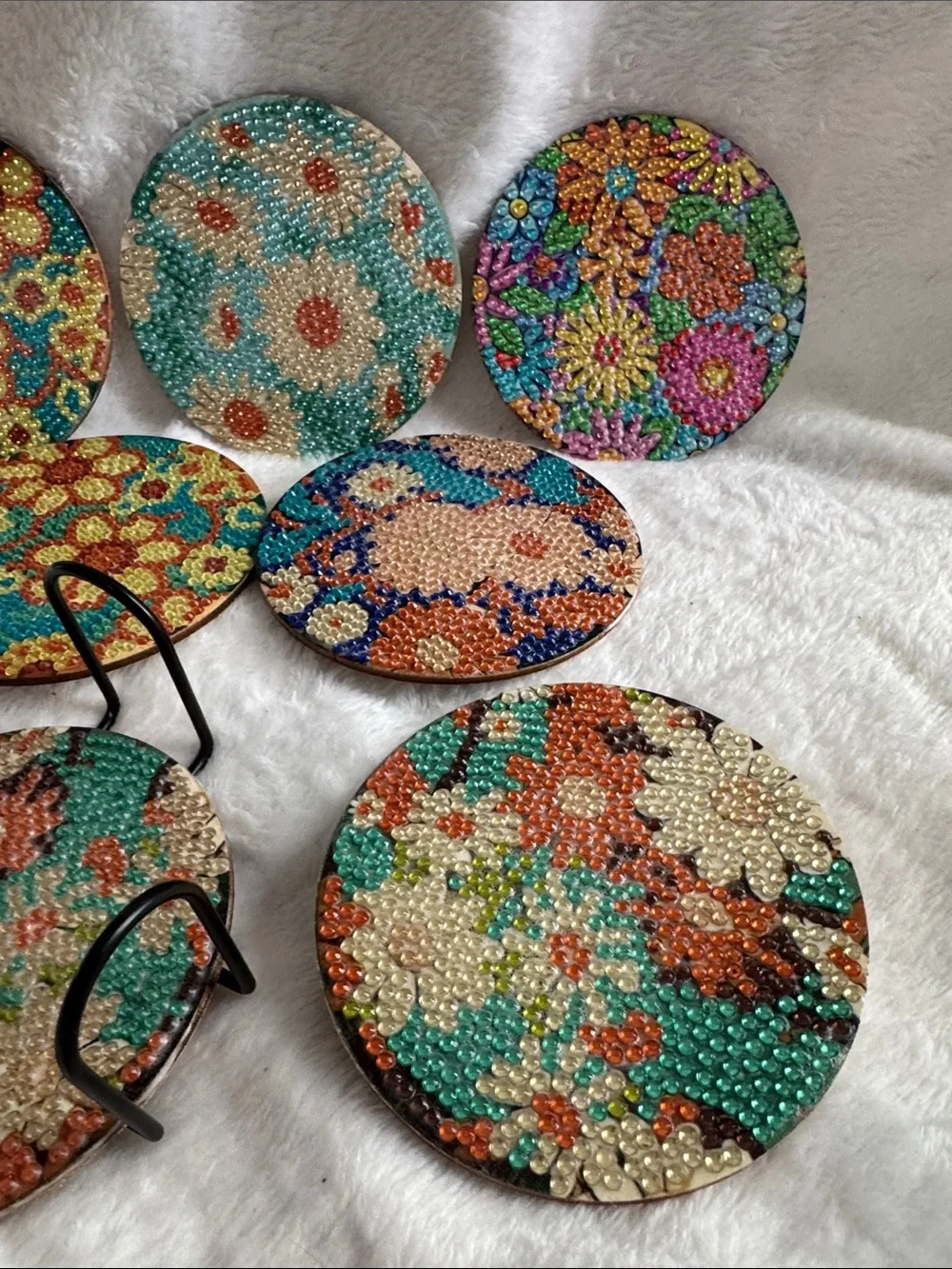 Handmade Beaded Floral Coaster Set  - Turquoise & Multicolor